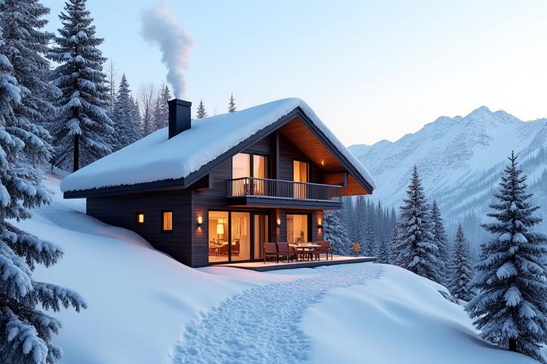 A secluded, modern wooden chalet nestled in a snowy mountain landscape, with smoke coming from the chimney.