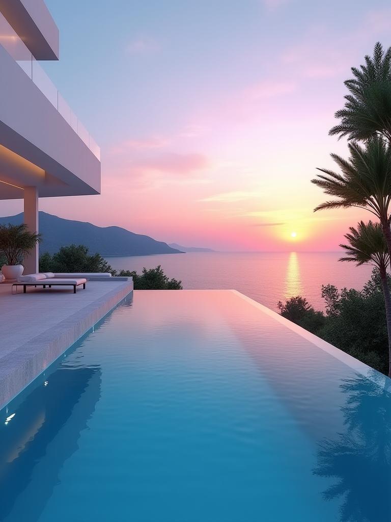 A private infinity pool of a luxury villa overlooking a calm, blue ocean at sunset.