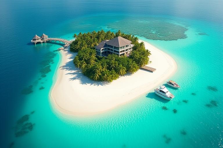 An aerial shot of a small, tropical private island with a single villa, white sand beaches, and turquoise water.