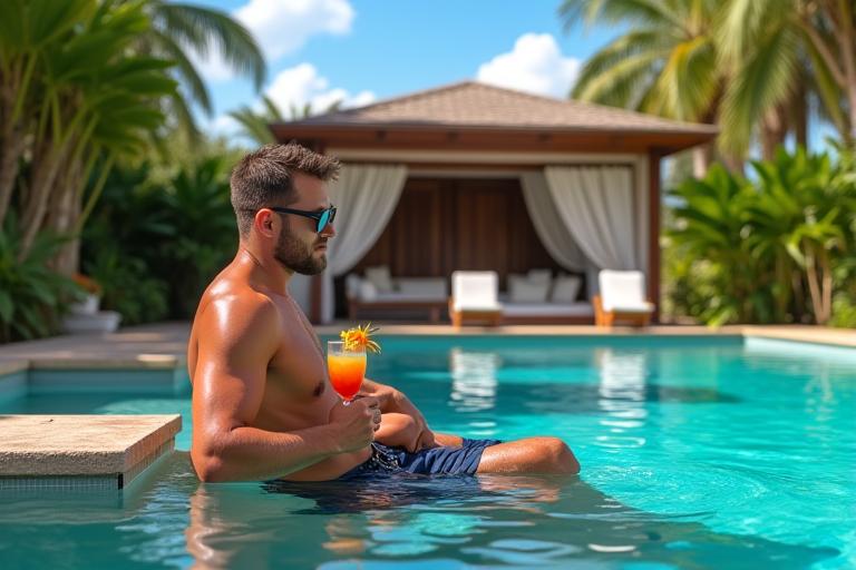 A wealthy man in swim trunks relaxing by a luxurious resort pool with a cocktail.