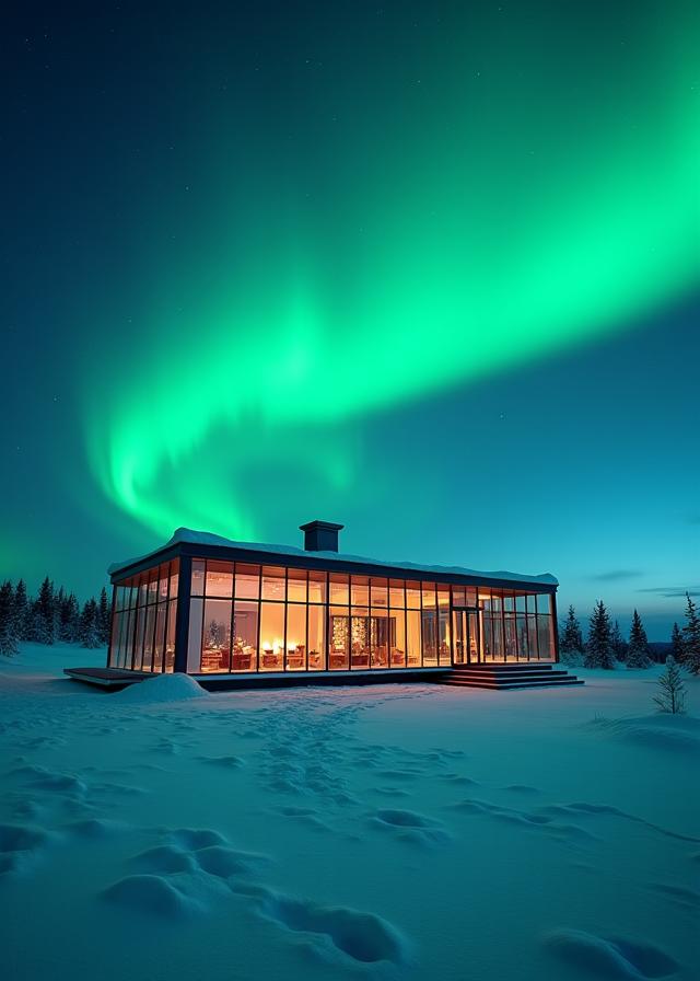 A modern glass lodge illuminated at night under the vibrant green glow of the Northern Lights in a snowy landscape.