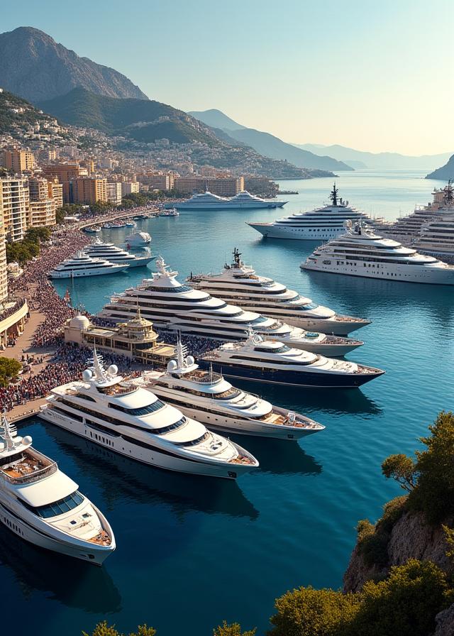 A fleet of luxury yachts docked in the Monte Carlo harbor during the Formula 1 Grand Prix.