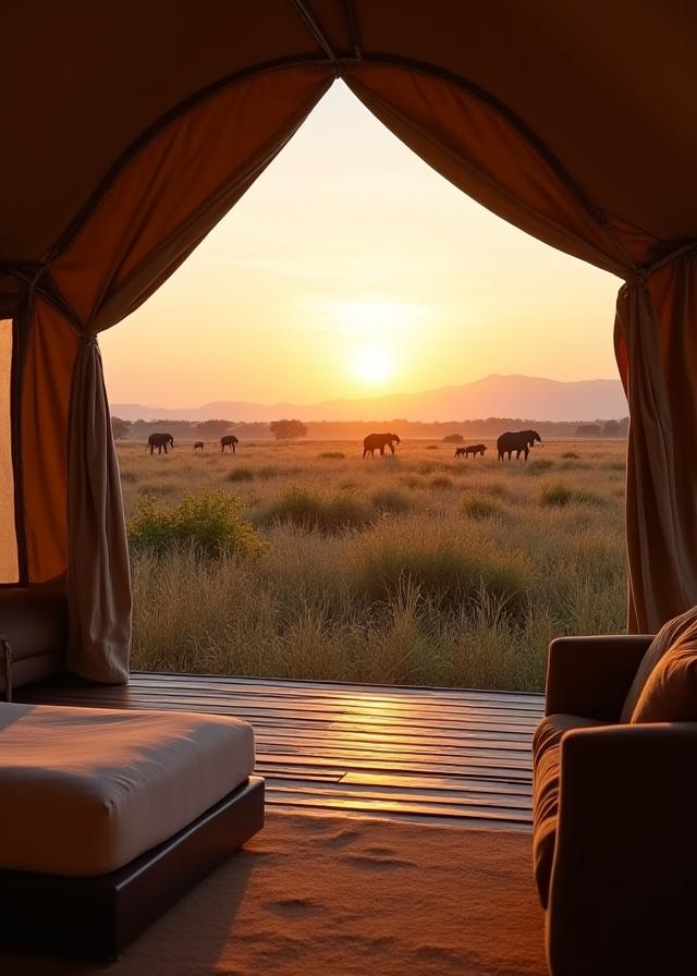 A luxurious safari tent with a private deck overlooking the vast Serengeti plains at sunrise, with wildlife in the distance.