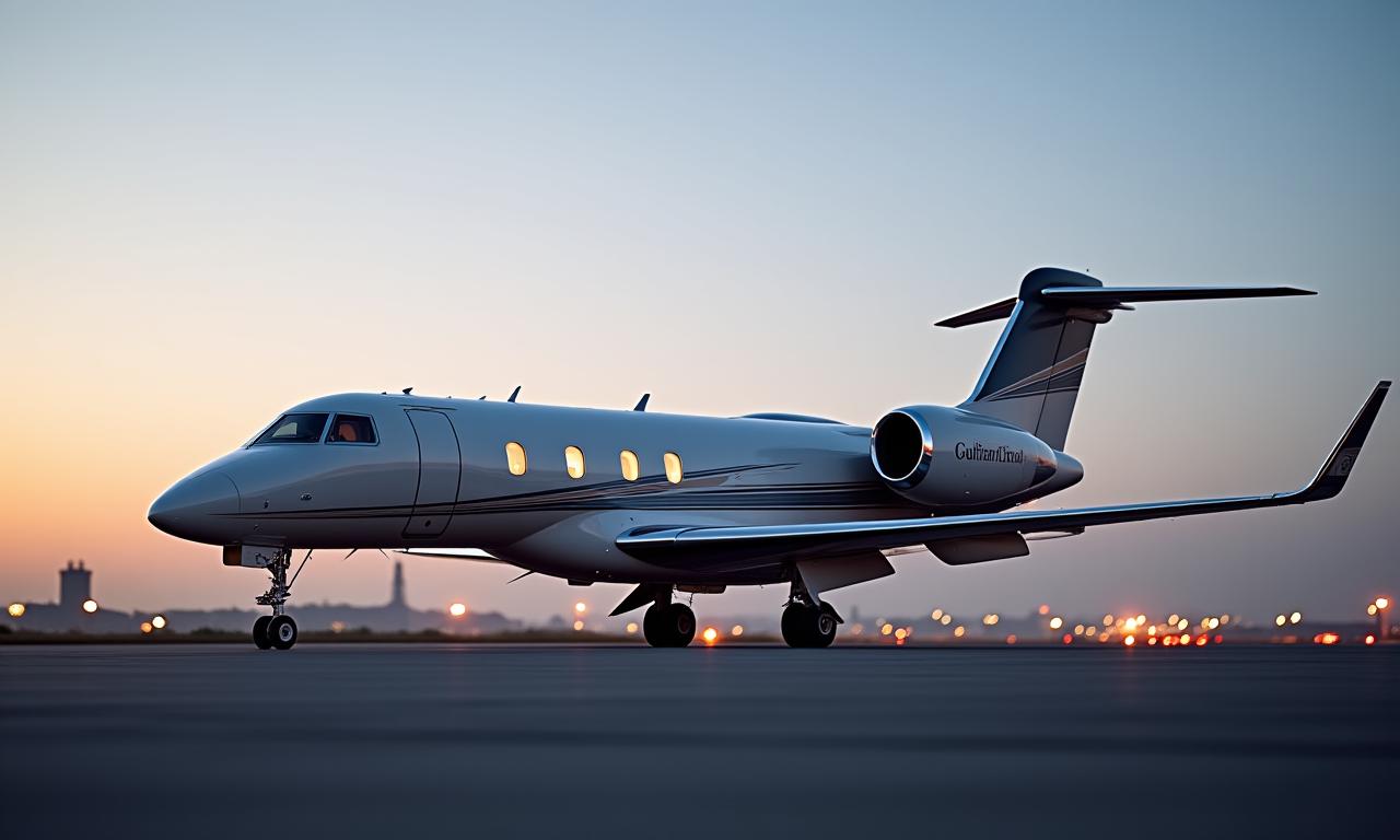 A sleek, white and grey private jet, a Gulfstream G700, parked on an exclusive airport tarmac at dusk.