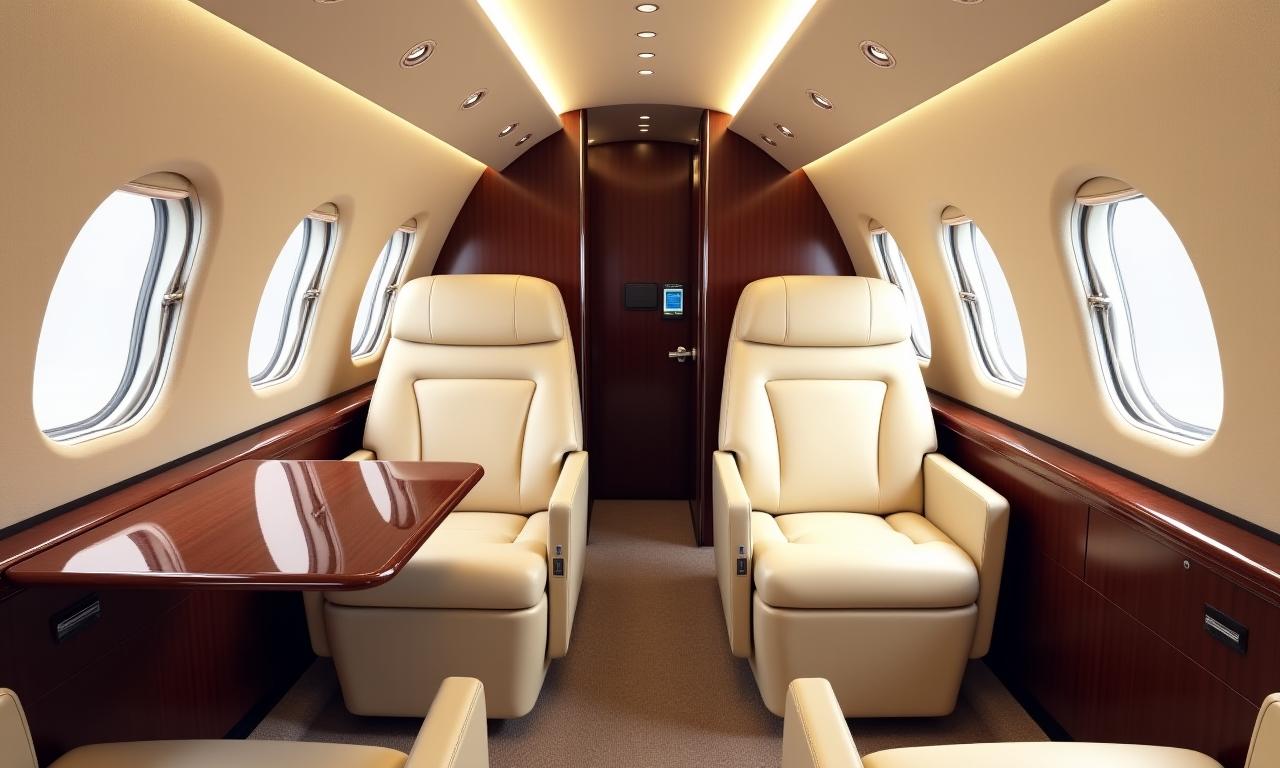 The opulent interior of a private jet cabin, featuring cream leather seats, polished wood tables, and ambient lighting.