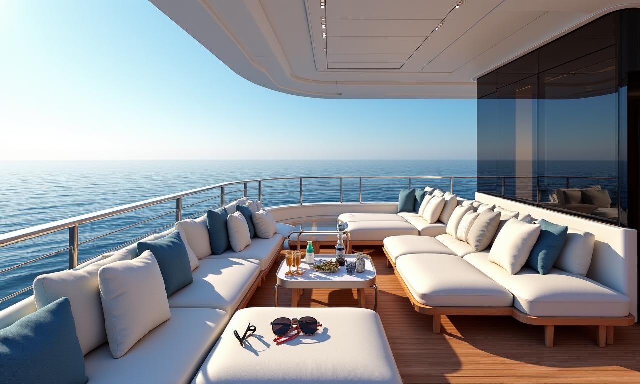 The spacious sundeck of a Lürssen superyacht with plush seating, a jacuzzi, and panoramic ocean views.