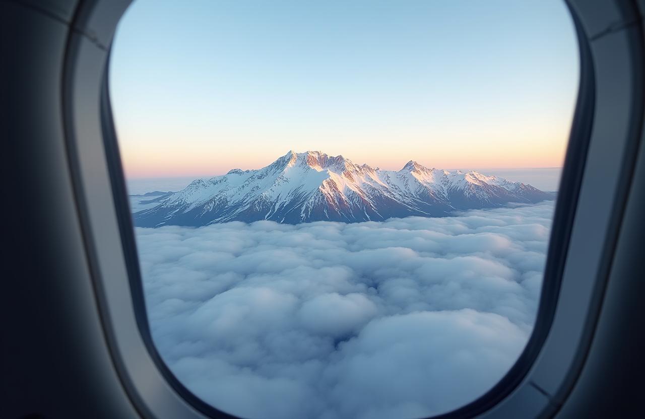Breathtaking aerial view of snow-capped mountains and clouds from the window of a private jet.