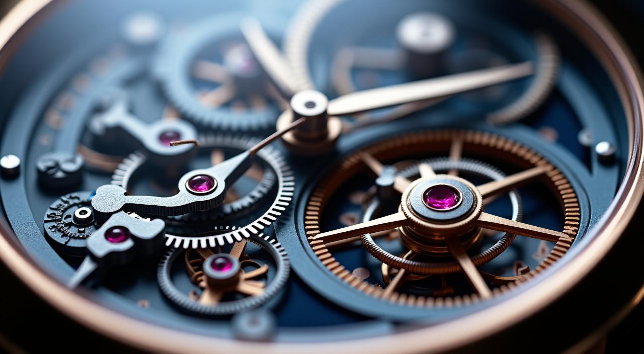 A close-up macro shot of the intricate gears of a luxury Swiss watch.